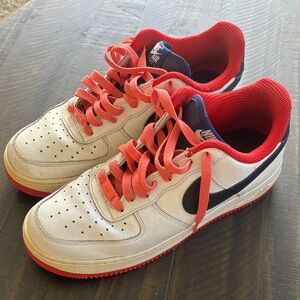 Nike by you, Air Force 1 White and Red Sneakers with Black Swoosh blue tong